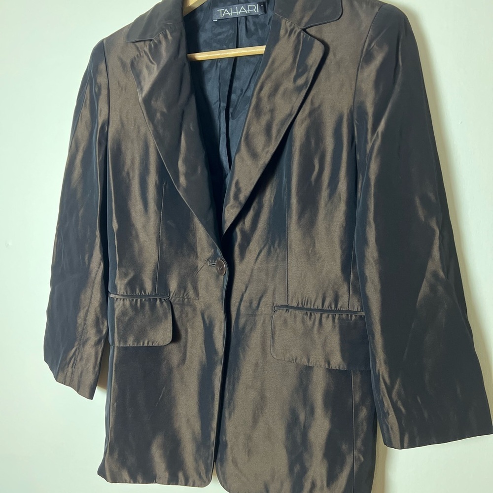 🛍️Tahari Women Blazer sz 2 Coat Metallic Brown Career Button Luxe Neutral Church - Picture 4 of 16